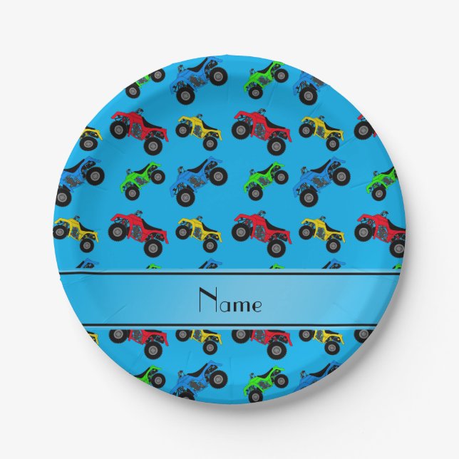 Personalized name sky blue atv pattern paper plate (Front)