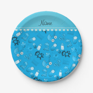 Personalized name sky blue baby animals paper plate