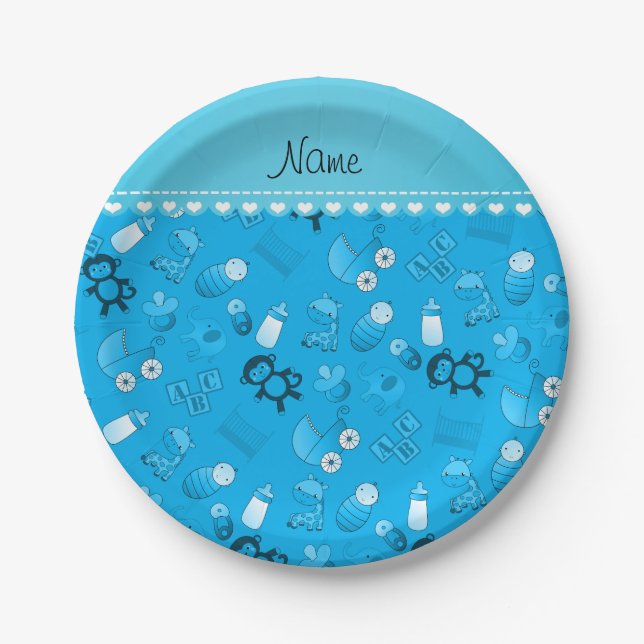 Personalized name sky blue baby animals paper plate (Front)
