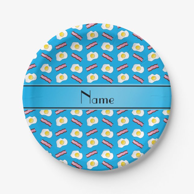 Personalized name sky blue bacon eggs paper plate (Front)