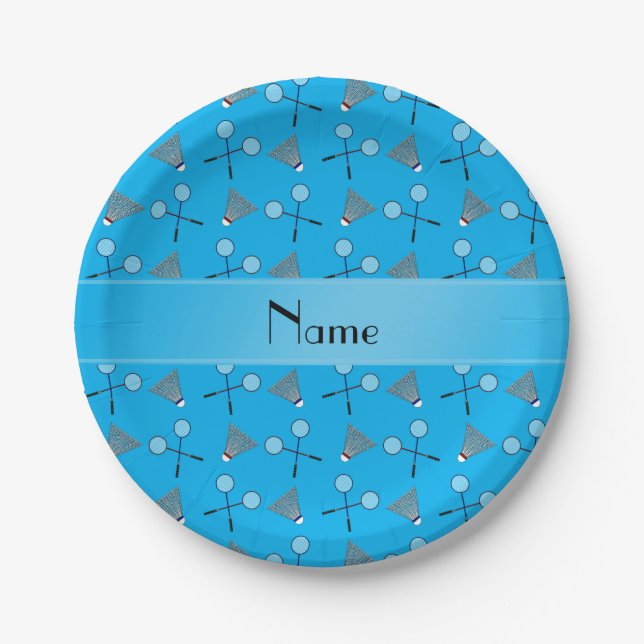 Personalized name sky blue badminton paper plate (Front)