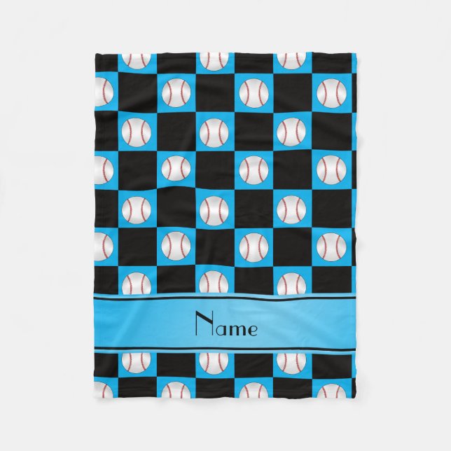 Personalized name sky blue baseball checkers fleece blanket (Front)