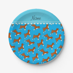 Personalized name sky blue basenji dogs paper plate