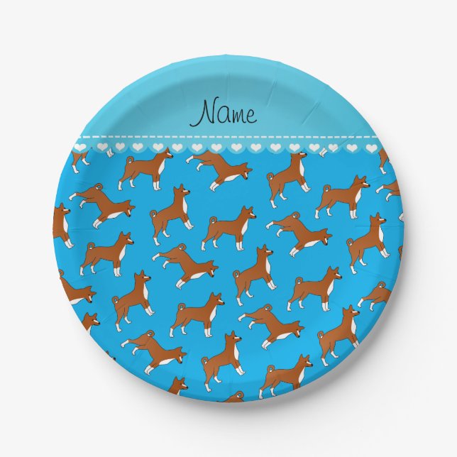 Personalized name sky blue basenji dogs paper plate (Front)