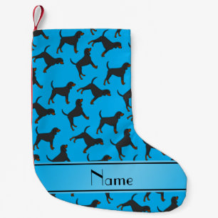Personalized name sky blue black tan coonhounds small christmas stocking