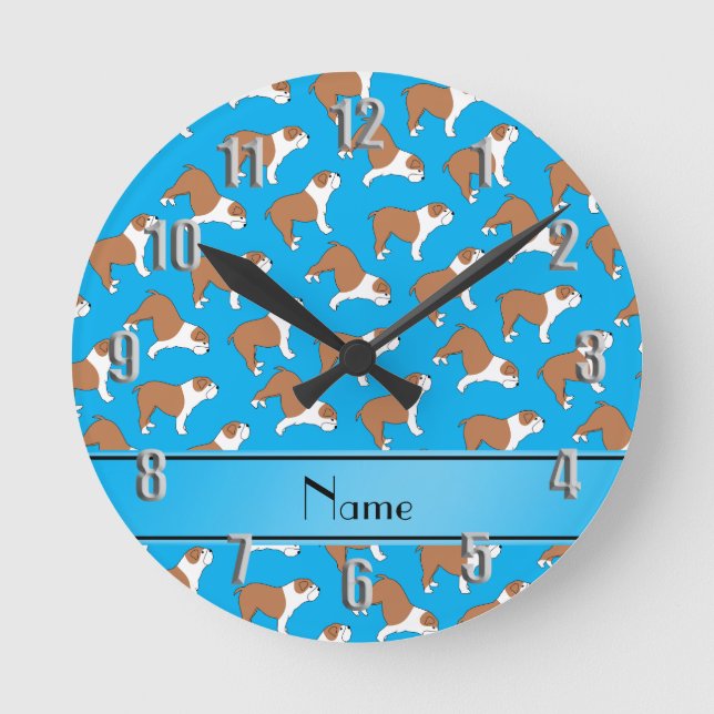 Personalized name sky blue Bulldog Round Clock (Front)