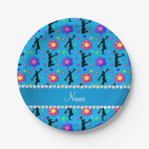 Personalized name sky blue cheerleading flowers paper plate
