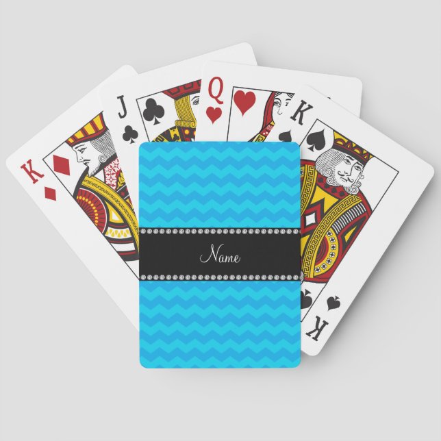 Personalized name sky blue chevrons playing cards (Back)