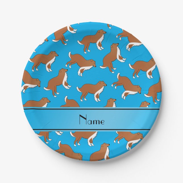Personalized name sky blue collie dog pattern paper plate (Front)