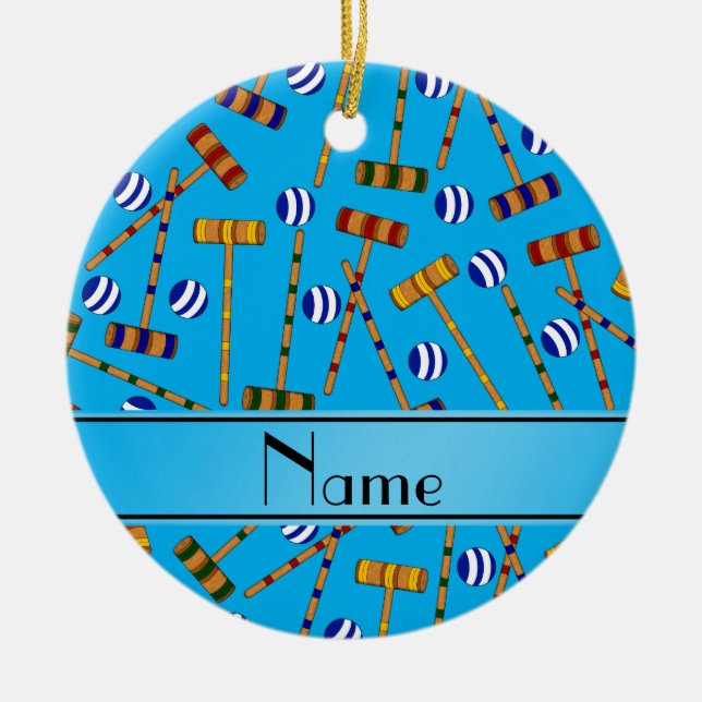 Personalized name sky blue croquet pattern ceramic ornament (Front)