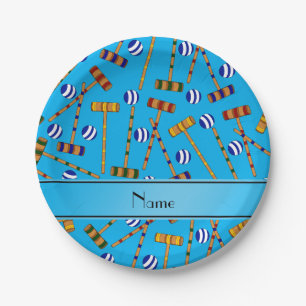 Personalized name sky blue croquet pattern paper plate