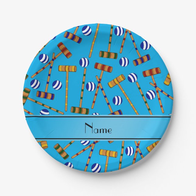 Personalized name sky blue croquet pattern paper plate (Front)
