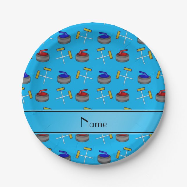 Personalized name sky blue curling pattern paper plate (Front)