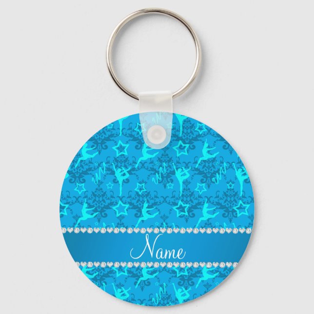 Personalized name sky blue damask gymnastics keychain (Front)