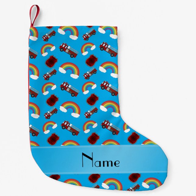 Personalized name sky blue fire trucks rainbows small christmas stocking (Front)