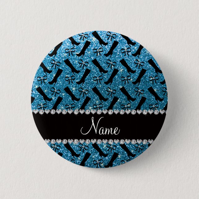 Personalized name sky blue glitter boots bows 2 inch round button (Front)