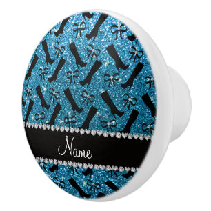 Personalized name sky blue glitter boots bows ceramic knob