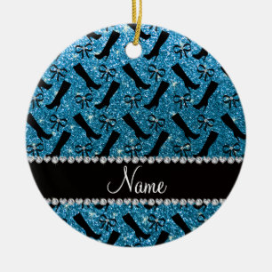 Personalized name sky blue glitter boots bows ceramic ornament