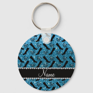 Personalized name sky blue glitter boots bows keychain