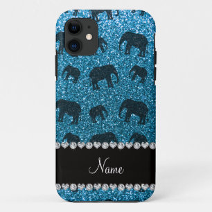 Personalized name sky blue glitter elephants iPhone 11 case