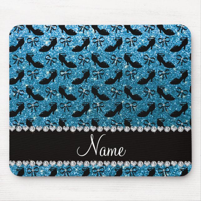 Personalized name sky blue glitter fancy shoes bow mouse pad (Front)