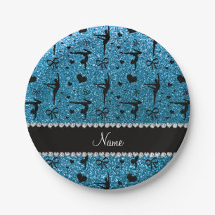 Personalized name sky blue glitter gymnastics paper plate
