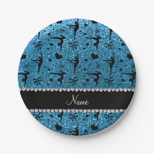 Personalized name sky blue glitter gymnastics paper plate (Front)