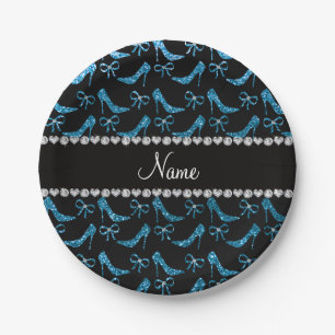 Personalized name sky blue glitter high heels bow paper plate