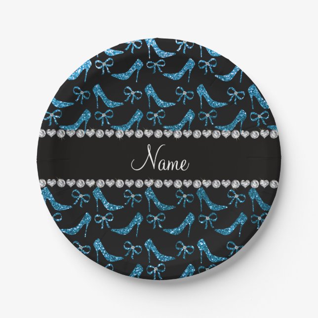 Personalized name sky blue glitter high heels bow paper plate (Front)