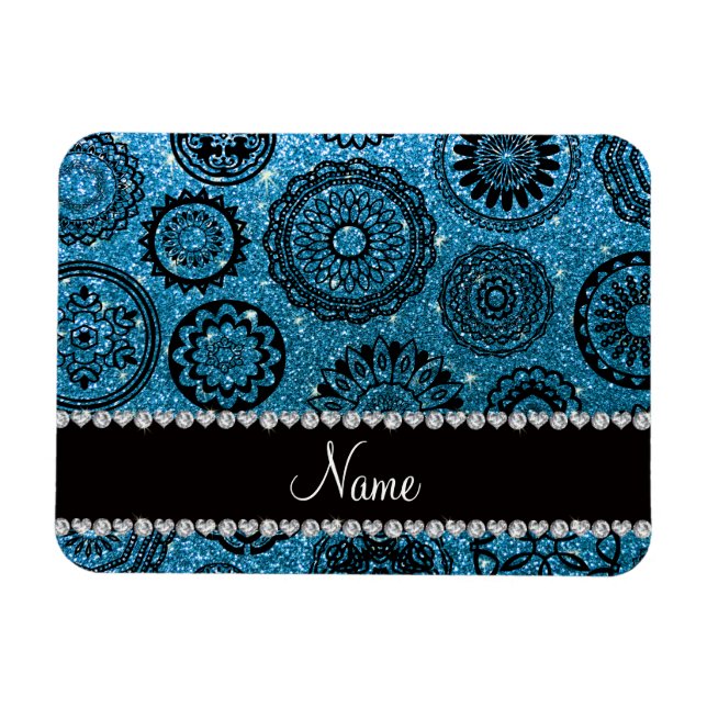 Personalized name sky blue glitter mandalas magnet (Horizontal)