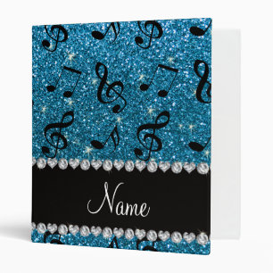Personalized name sky blue glitter music notes binder