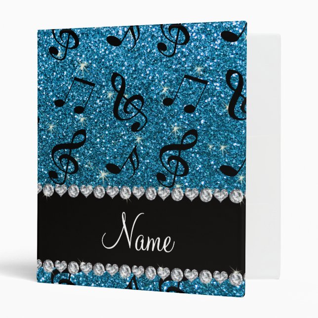 Personalized name sky blue glitter music notes binder (Front/Inside)