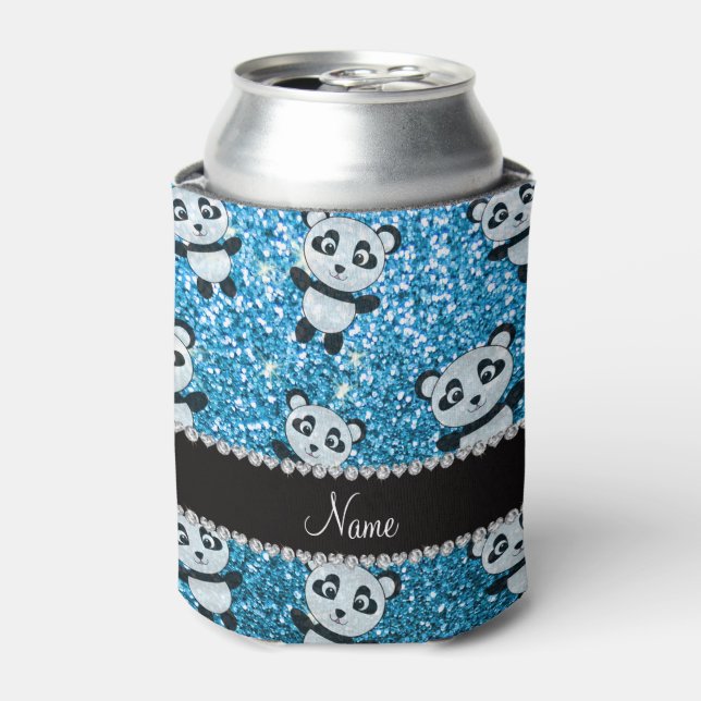 Personalized name sky blue glitter pandas can cooler (Can Front)