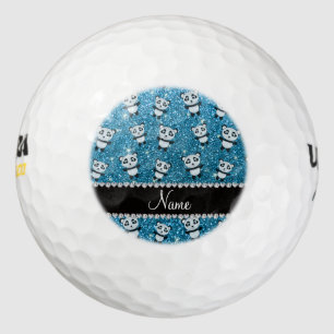 Personalized name sky blue glitter pandas golf balls