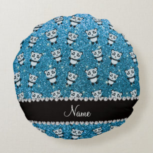 Personalized name sky blue glitter pandas round pillow