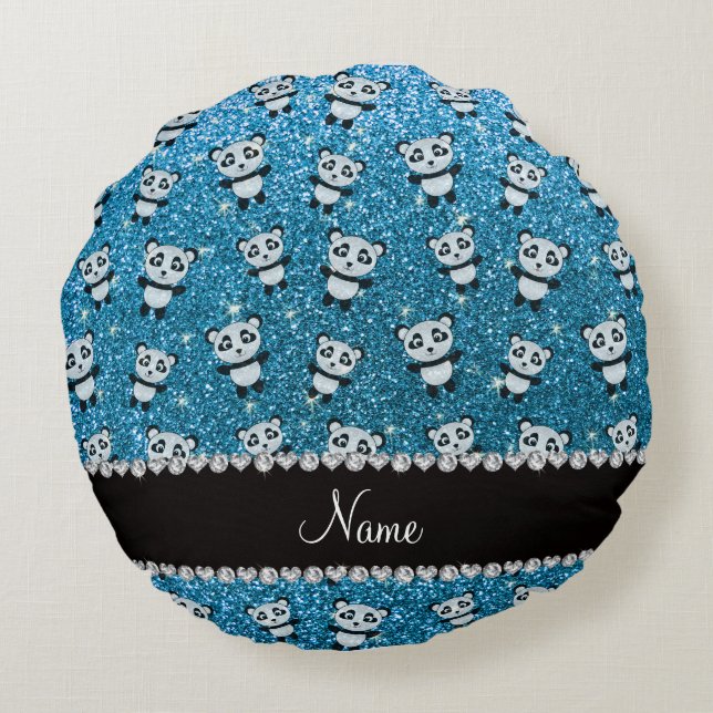 Personalized name sky blue glitter pandas round pillow (Back)