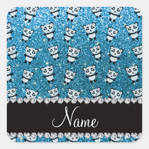 Personalized name sky blue glitter pandas square sticker
