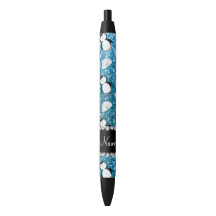Personalized name sky blue glitter penguins igloos black ink pen