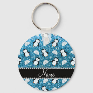 Personalized name sky blue glitter penguins igloos keychain