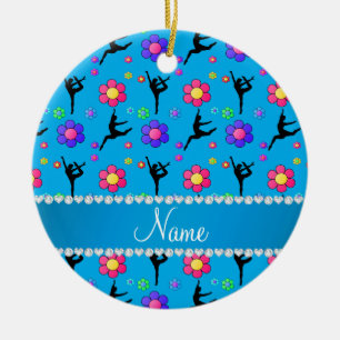 Personalized name sky blue gymnastics flowers ceramic ornament