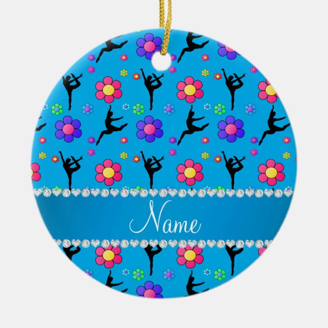 Personalized name sky blue gymnastics flowers ceramic ornament (Front)