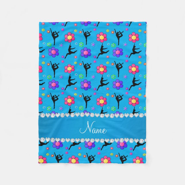 Personalized name sky blue gymnastics flowers fleece blanket (Front)