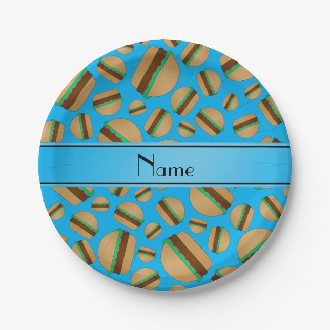 Personalized name sky blue hamburgers paper plate (Front)