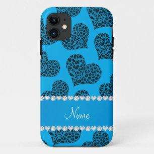 Personalized name sky blue leopard hearts iPhone 11 case