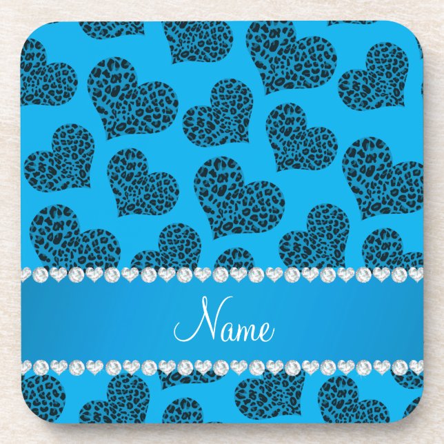 Personalized name sky blue leopard hearts coaster (Front)