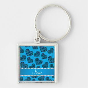 Personalized name sky blue leopard hearts keychain