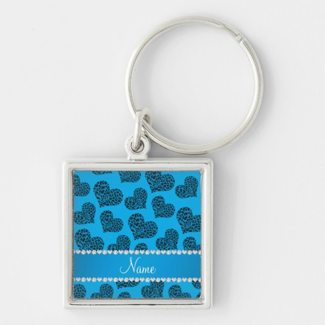 Personalized name sky blue leopard hearts keychain (Front)