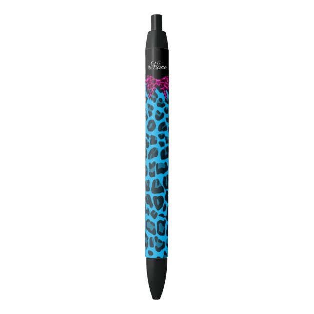 Personalized name sky blue leopard print pink bow black ink pen (Front Vertical)