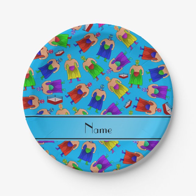 Personalized name sky blue mexican wrestling paper plate (Front)