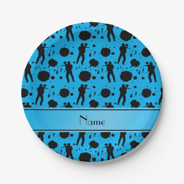 Personalized name sky blue paintball pattern paper plate (Front)